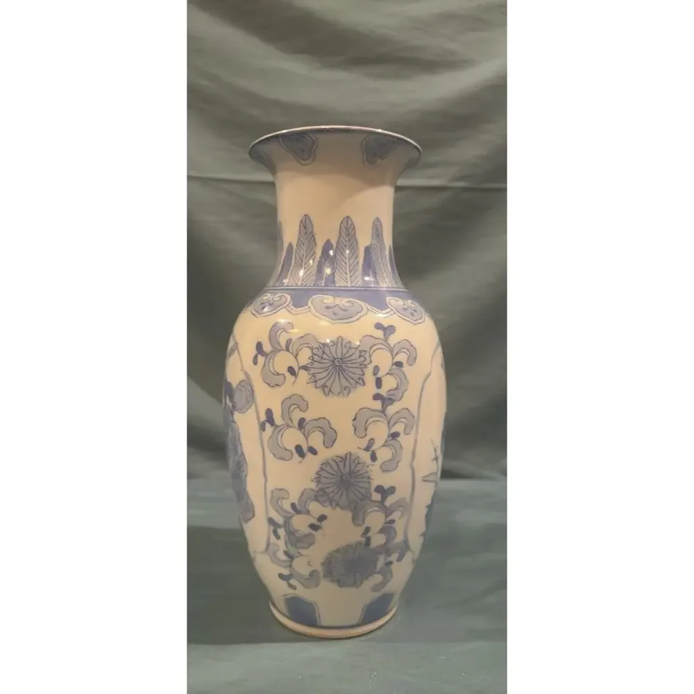 Vintage Blue and White Chinoiserie Porcelain Bird and Floral Baluster Vase